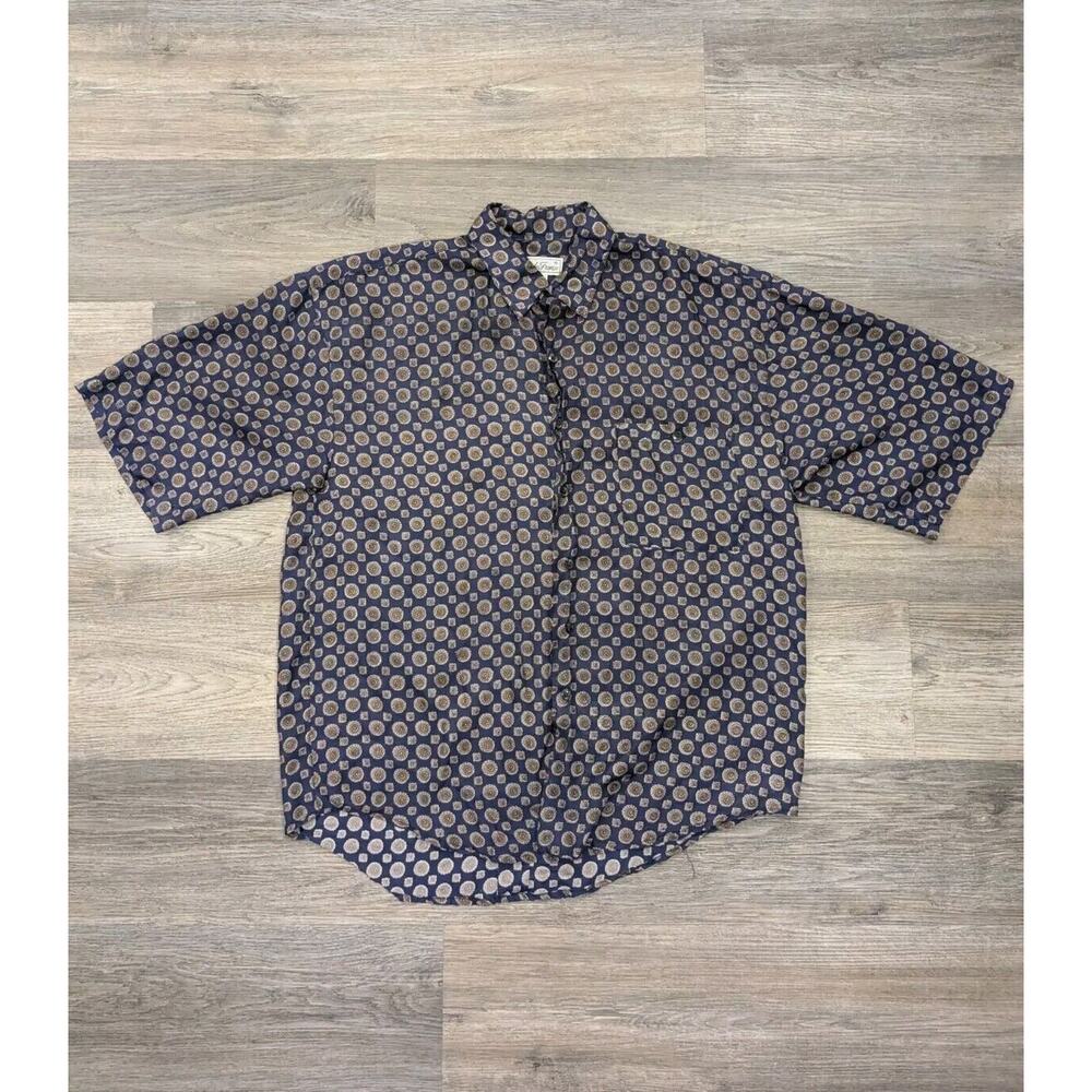 VTG Cote de France Silk Button Up Blue Pattern Shirt Men's L Short Sleeve Pocket